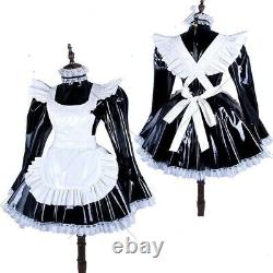 Black PVC lockable sissy maid dress vinyl apron tailored