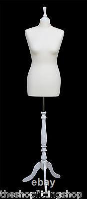 DELUXE FEMALE SIZE 14 Dressmakers Dummy Mannequin Tailor CREAM Bust WHITE Stand