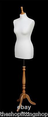 DELUXE FEMALE SIZE 14 Dressmakers Dummy Mannequin Tailor WHITE Bust BEECH Stand