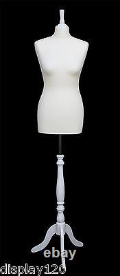 DELUXE Size 12 Female Dressmakers Dummy Mannequin Tailor CREAM Bust WHITE Stand