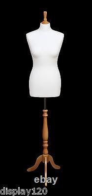 DELUXE Size 14 Female Dressmakers Dummy Mannequin Tailor WHITE Bust BEECH Stand