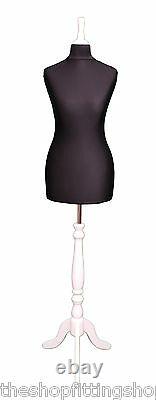 DELUXE Size 8 Female Dressmakers Dummy Mannequin Tailors BLACK Bust WHITE Stand