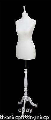 DELUXE Size 8 Female Dressmakers Dummy Mannequin Tailors CREAM Bust WHITE Stand