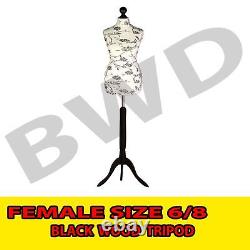 Female Size 6/8 Floral Dressmakers Tailors Dummy Mannequin Black TRIPOD Stand