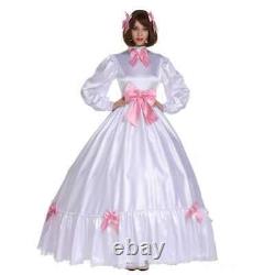 French Girl Maid Sissy Lockable White Satin Long Dress Cosplay Costume Tailored