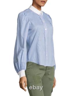 Marc Jacobs Women's Striped Button Up Bishop Sleeve Blue Cotton Shirt -10