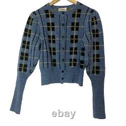 Molly Goddard Designer Wool Cardigan Blue Plaid Tartan Statement Sleeve Preppy S