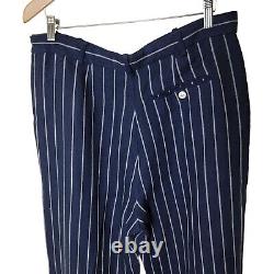 Polo Ralph Lauren Womens Pinstripe Linen Suit Trousers size 14 Navy Wide Leg