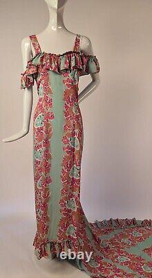 Rare Hawaiian 1940's Floral + Female Face Print Rayon Holoku Dress W Long Train