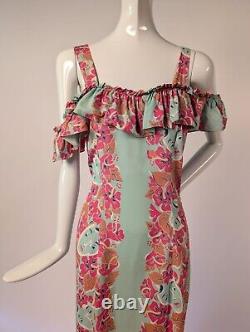 Rare Hawaiian 1940's Floral + Female Face Print Rayon Holoku Dress W Long Train