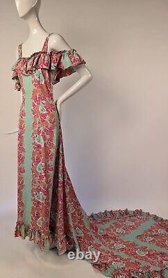 Rare Hawaiian 1940's Floral + Female Face Print Rayon Holoku Dress W Long Train