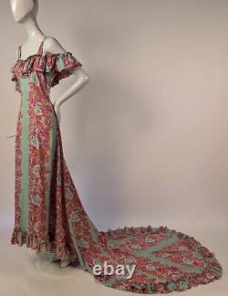 Rare Hawaiian 1940's Floral + Female Face Print Rayon Holoku Dress W Long Train