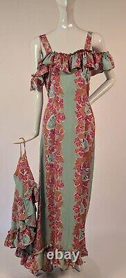 Rare Hawaiian 1940's Floral + Female Face Print Rayon Holoku Dress W Long Train