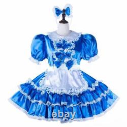 Sissy Girl Maid Blue Satin Lockable cross dresser Dress Cosplay Costume Tailored