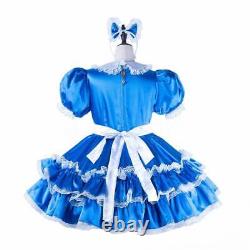 Sissy Girl Maid Blue Satin Lockable cross dresser Dress Cosplay Costume Tailored