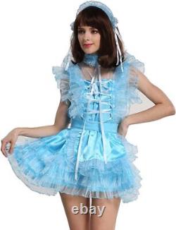 Sissy Girl Maid Blue Satin Puffy Lockable Dress Cosplay Costume Tailor-made