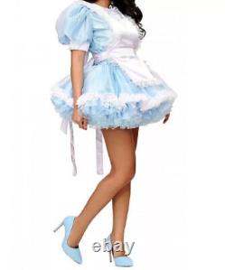 Sissy Girl Maid Lockable Blue Satin fluffy Dress Cosplay costume Tailored
