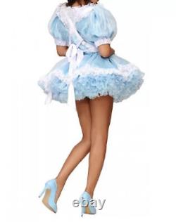 Sissy Girl Maid Lockable Blue Satin fluffy Dress Cosplay costume Tailored