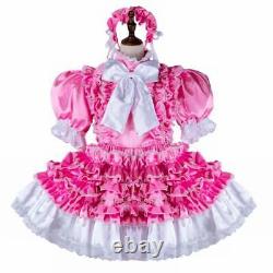 Sissy Girl Maid Pink Satin Lockable pleated Dress Cosplay Costume CD/TV Tailored
