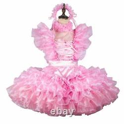 Sissy Girl Maid Pink Satin Organza Pleated Puffy Dress Cosplay Costume Tailored