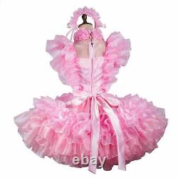 Sissy Girl Maid Pink Satin Organza Pleated Puffy Dress Cosplay Costume Tailored