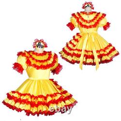 Sissy Girl Maid Yellow Satin lockable dress cosplay costume Tailored