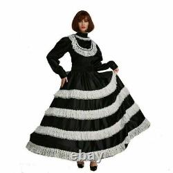 Sissy Maid Deep Lace Lockable Black Satin Long Dress cosplay Costume Tailor-made