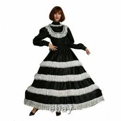 Sissy Maid Deep Lace Lockable Black Satin Long Dress cosplay Costume Tailor-made