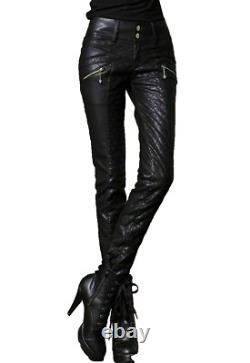 Women Genuine Leather 100% Leather Pant Slim Fit Black Quilted Skinny Trousers