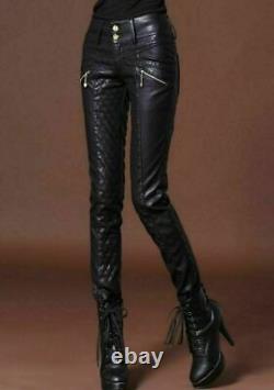 Women Genuine Leather 100% Leather Pant Slim Fit Black Quilted Skinny Trousers