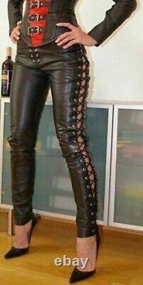 Women Genuine Leather Laces Up Pants Sexy Slim Fit Leather Pants Leather Chaps