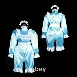 Combinaison de sissy maid en satin bleu clair verrouillable sur mesure
