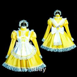 Fille de chambre Sissy longue robe jaune en satin à manches longues verrouillable costume de cosplay sur mesure