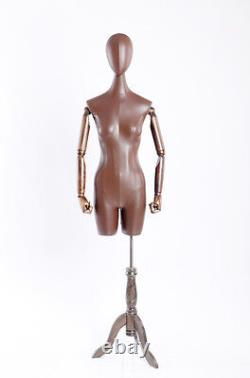 Mannequin de couturier en simili cuir marron avec bras articulés en bois massif, neuf.