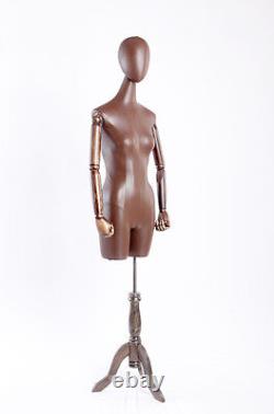 Mannequin de couturier en simili cuir marron avec bras articulés en bois massif, neuf.
