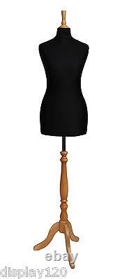 Mannequin de couturière de luxe de taille 12 pour femme avec buste noir et support en hêtre