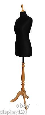 Mannequin de couturière de luxe de taille 12 pour femme avec buste noir et support en hêtre