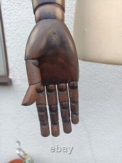 Mannequin masculin en bois vintage avec bras articulés, support en métal