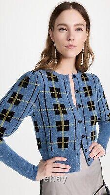 Molly Goddard Cardigan en Laine à Carreaux Bleus Tartan, Manches Déclaration Préppy