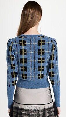 Molly Goddard Cardigan en Laine à Carreaux Bleus Tartan, Manches Déclaration Préppy