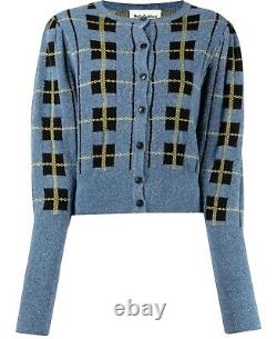 Molly Goddard Cardigan en Laine à Carreaux Bleus Tartan, Manches Déclaration Préppy