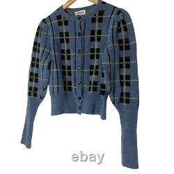 Molly Goddard Cardigan en Laine à Carreaux Bleus Tartan, Manches Déclaration Préppy