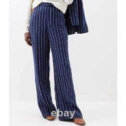 Pantalon de costume en lin à rayures Polo Ralph Lauren pour femmes, taille 14, jambes larges, couleur bleu marine.