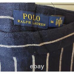 Pantalon de costume en lin à rayures Polo Ralph Lauren pour femmes, taille 14, jambes larges, couleur bleu marine.