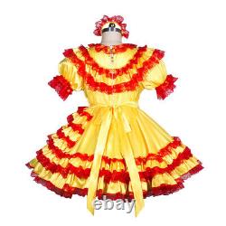 Robe de cosplay de sissy girl maid en satin jaune verrouillable sur mesure