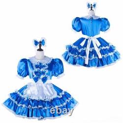 Robe de cosplay sur mesure de sissy girl maid en satin bleu verrouillable