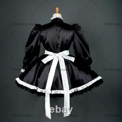 Robe uniforme de soubrette en satin noir sur mesure pour cosplay