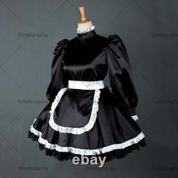 Robe uniforme de soubrette en satin noir sur mesure pour cosplay