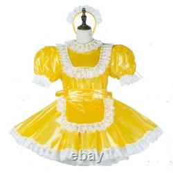 Servante sissy en robe jaune en PVC transparent verrouillable, uniforme cosplay sur mesure