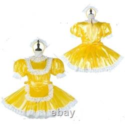 Servante sissy en robe jaune en PVC transparent verrouillable, uniforme cosplay sur mesure